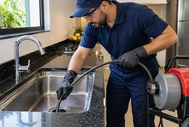 Profissional desentupindo uma pia com ferramentas de desentupidora em Santo Antônio de Jesus.