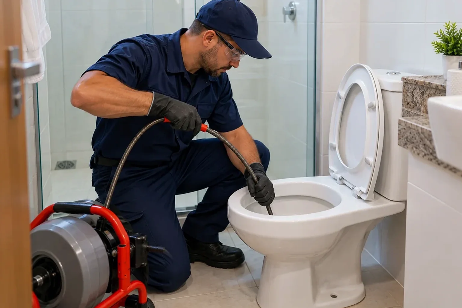 Técnico desentupindo vaso sanitário em Santo Antônio de Jesus.