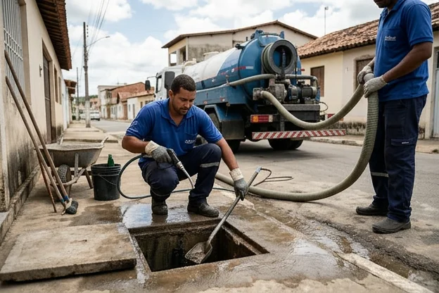 Técnico realizando limpeza de caixa de gordura em Santo Antônio de Jesus.